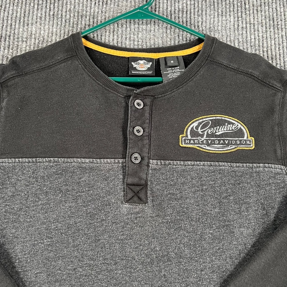 Harley Davidson Henley Sweatshirt Mens Medium Black Long Sleeve Heavyweight